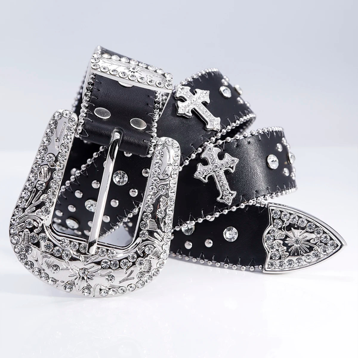 Women Fashion Dazzling Rhinestone Belt Western Cowgirl Bling Studded Design Faux Leather Diamond Belt for Jeans Dress