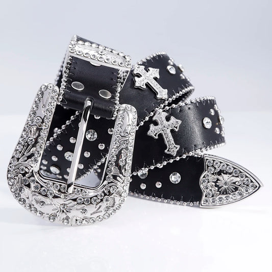 Women Fashion Dazzling Rhinestone Belt Western Cowgirl Bling Studded Design Faux Leather Diamond Belt for Jeans Dress