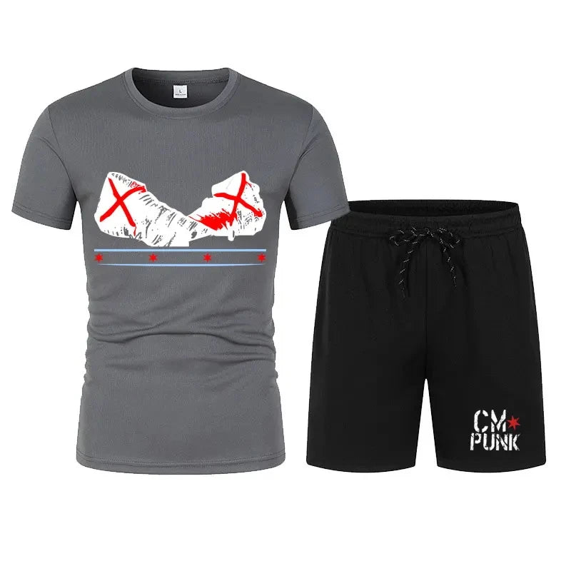 Men's black CM return punk T-shirt shorts suit summer short-sleeved men fashion comfortable loose clothing suit