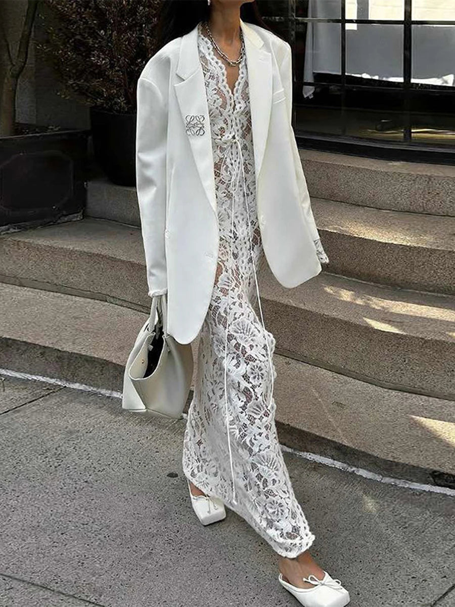 Maxi Dress with Long Sleeves Plunging V-Neckline and Floral Lace Detailing