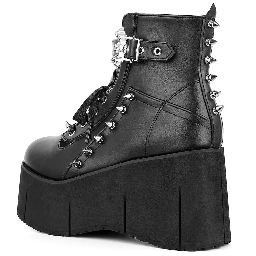 Goth Punk Stylish High Platform Ankle Boots High Wedges Heel Side Zipper Round Toe