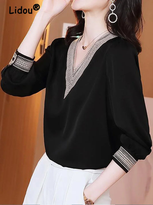 V-neck Embroidery Hollow Out  Long Sleeve Solid Color Blouse