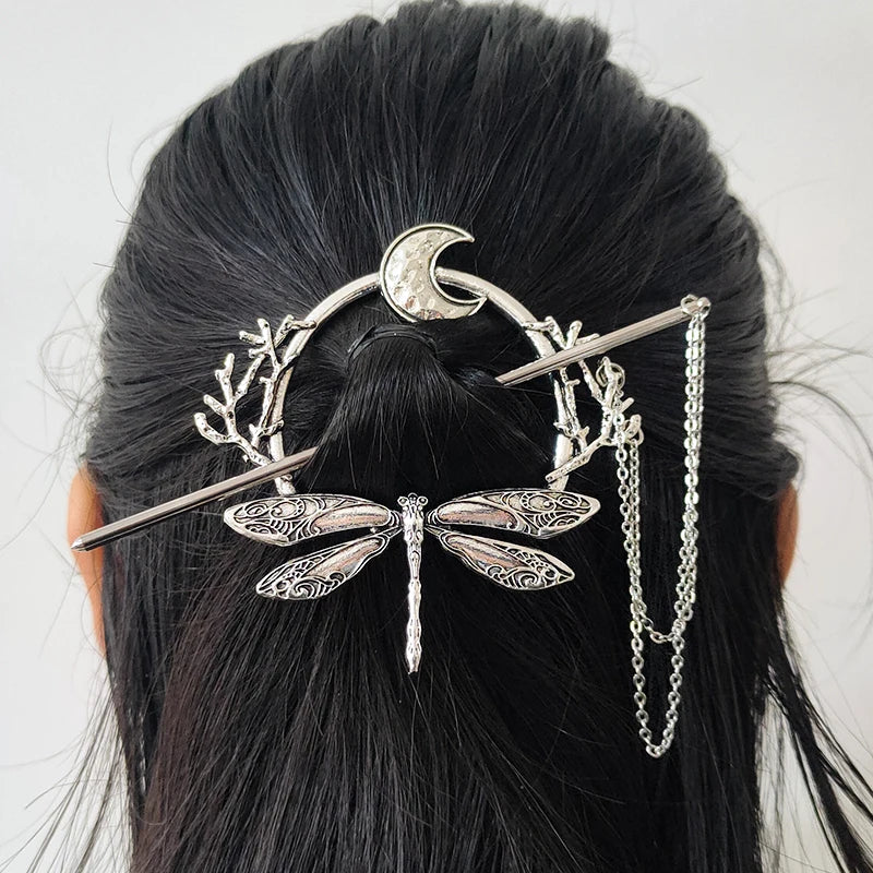 Woodland Goddess Crescent Moon Dragonfly Hair stick Fairy Moon Dragonfly Insect Hair Barrette Hairclip For women