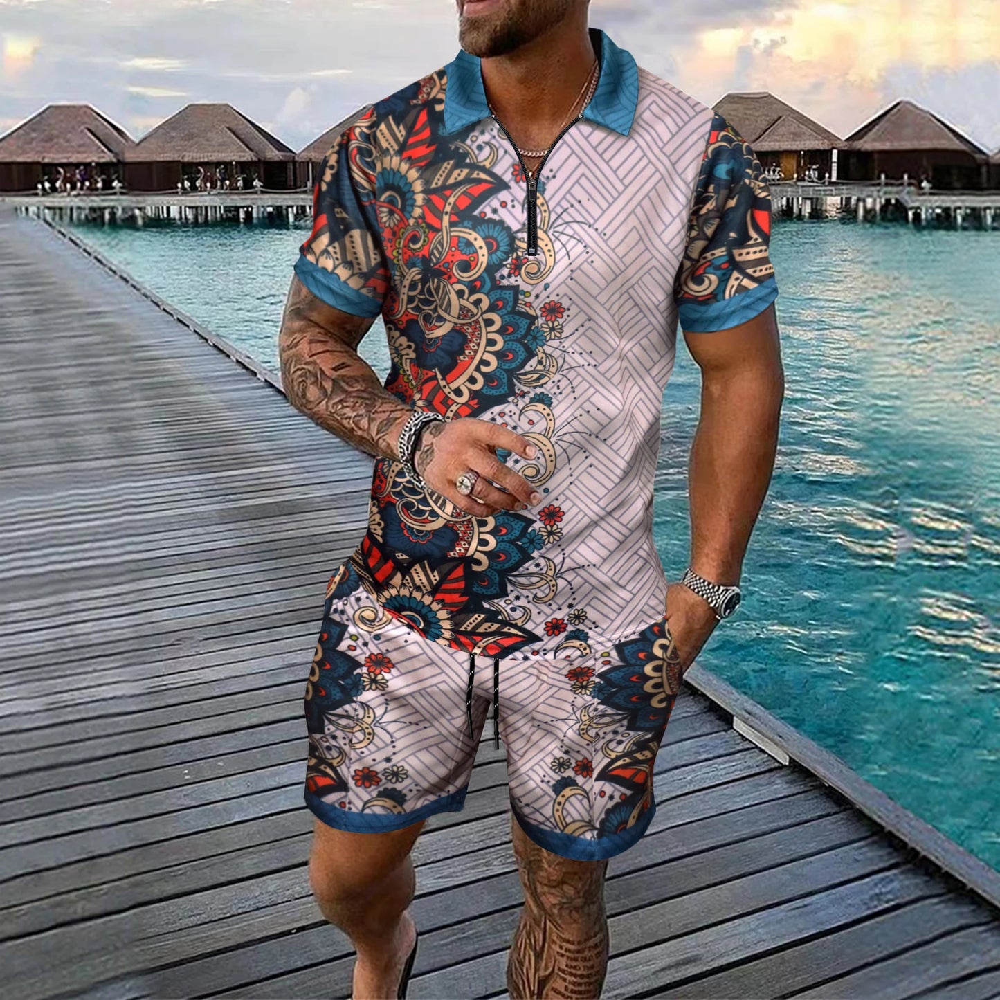 European And American  Summer Men's Loose Fashion Print Casual mixed Short-sleeved T-shirt And Shorts Set