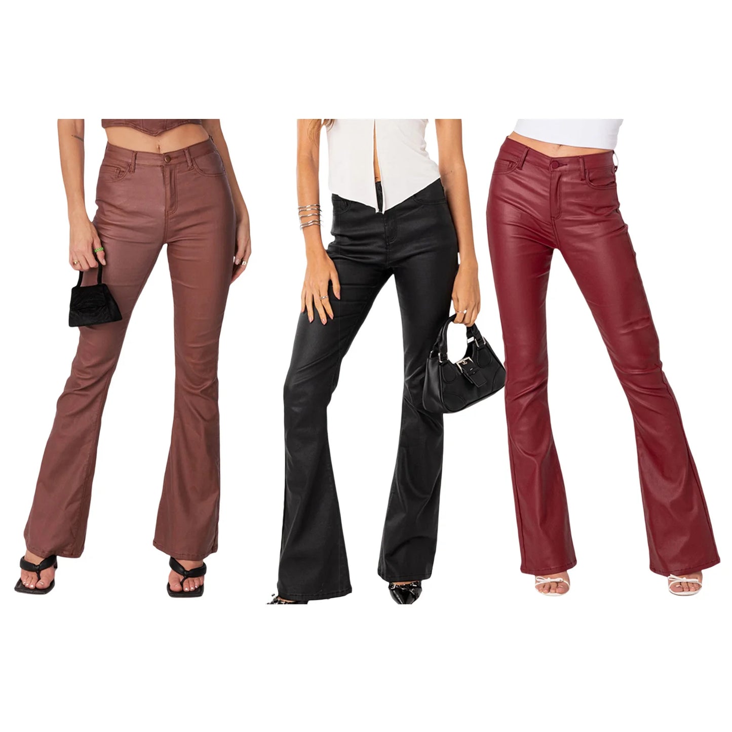 PU Solid Trousers Retro Sexy Low-waist Casual Faux Leather Flared Long Pants Bell Bottom Trousers
