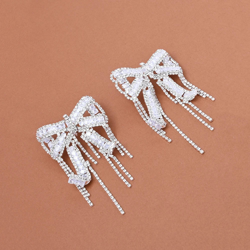 Bowknot Tassel Earrings Statement Jewelry Rhinestone Dangle Earrings Non Piercing