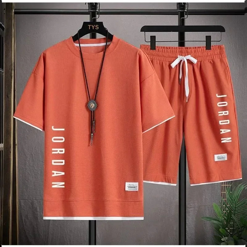 Stylish casual T-shirt + Shorts set Men's sports set Loose comfortable low Run  men's summer Waffle suit