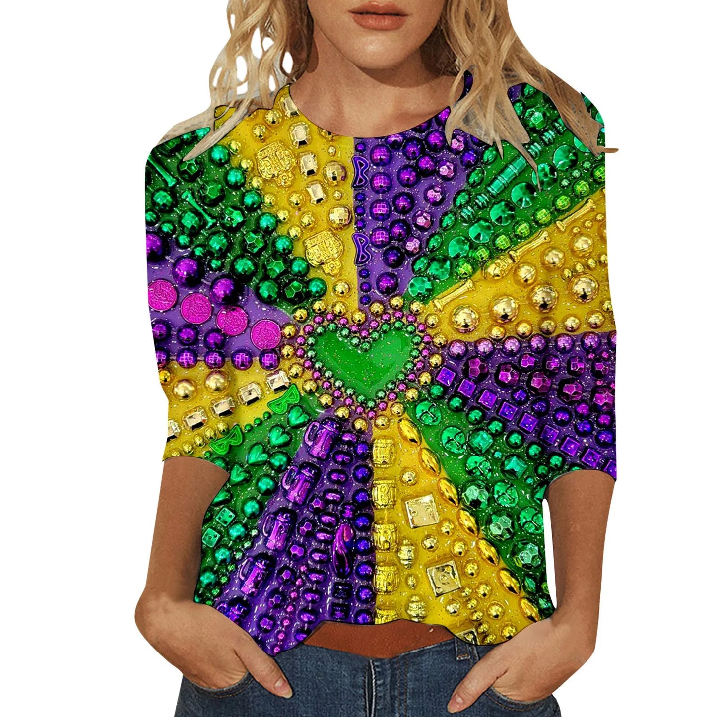 Carnival Printed Women Casual T-Shirts Spring Summer 3/4 Sleeve Round Neck Mardi Gras Clothing Plus Size Festival Party Tees Top