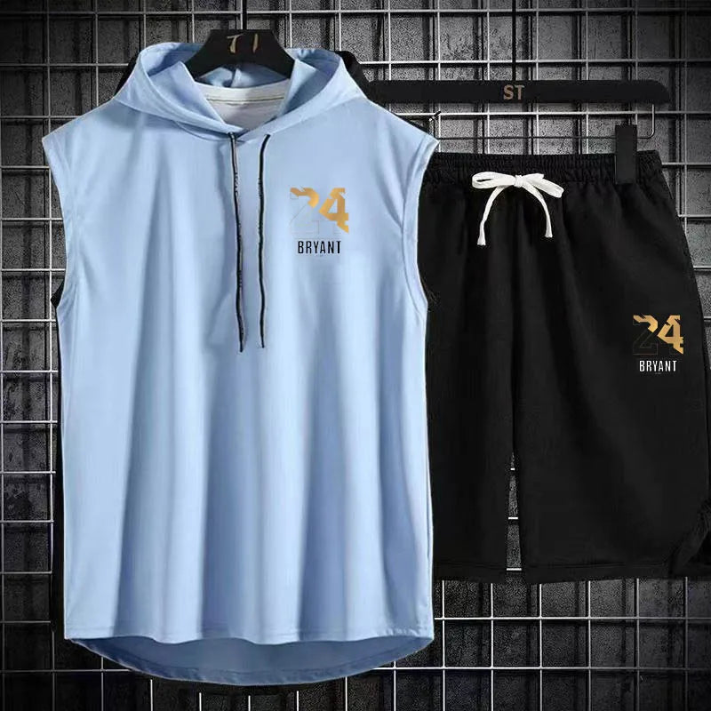 Men's Two Piece Set Casual Sleeveless T-Shirt and Shorts Set Men's Sports Suit Fashion Short Sleeve Tracksuit Hooded T-shirt suit