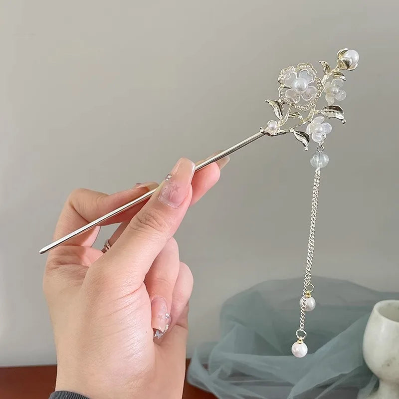 Classic Hair Stick Peach-blossom Hair Chopsticks Gold Plated Prong Updo Chignon Hairpin For Women Chinese Style