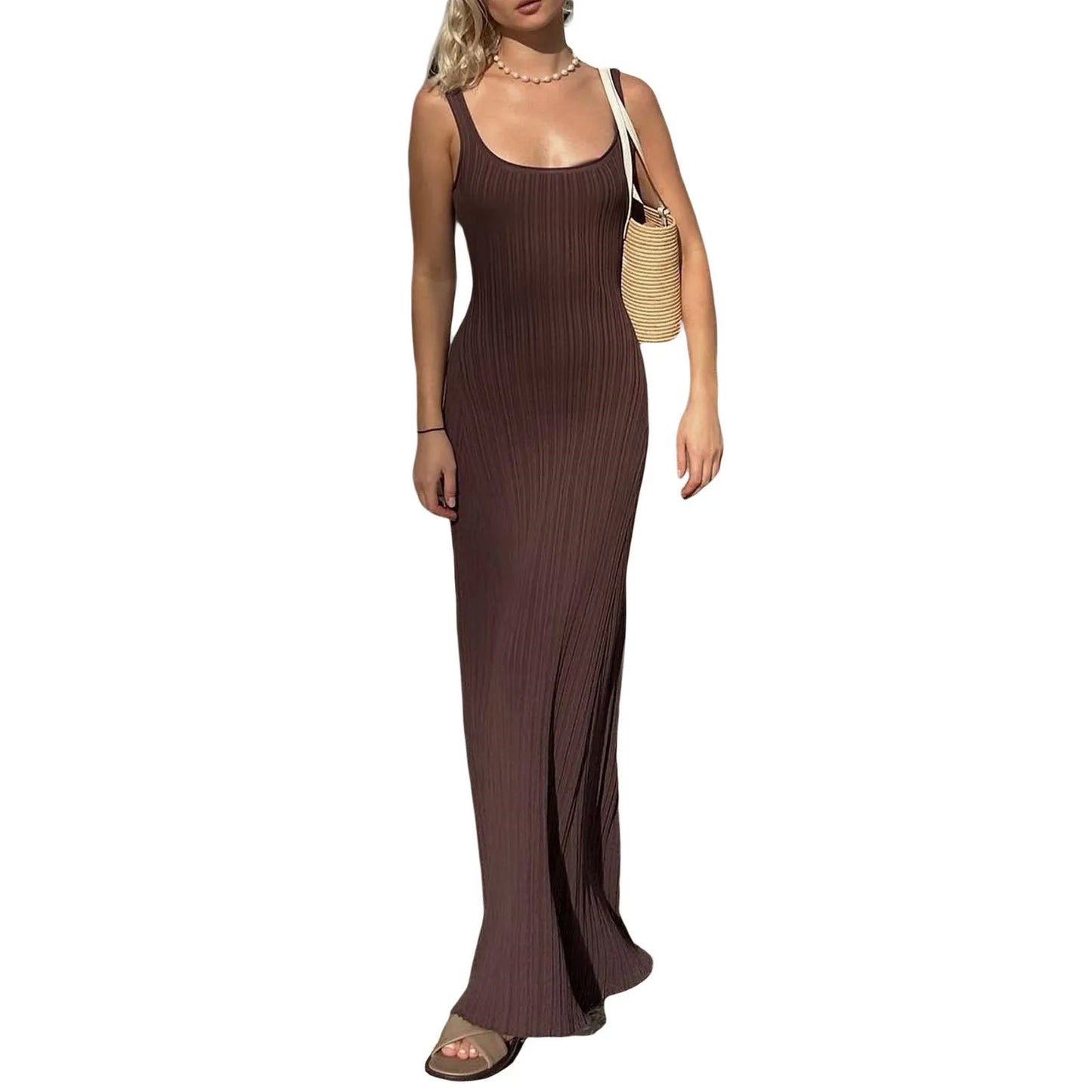 Knit Tank Dress Casual Summer Sleeveless U-Neck Long Dress for Cocktail Beach Club Streetwear
