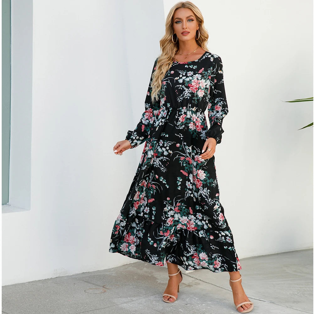 Bohemian Women's Maxi Dress Casual Long Sleeve High Waist Beach Woman Chiffon Dresses Floral
