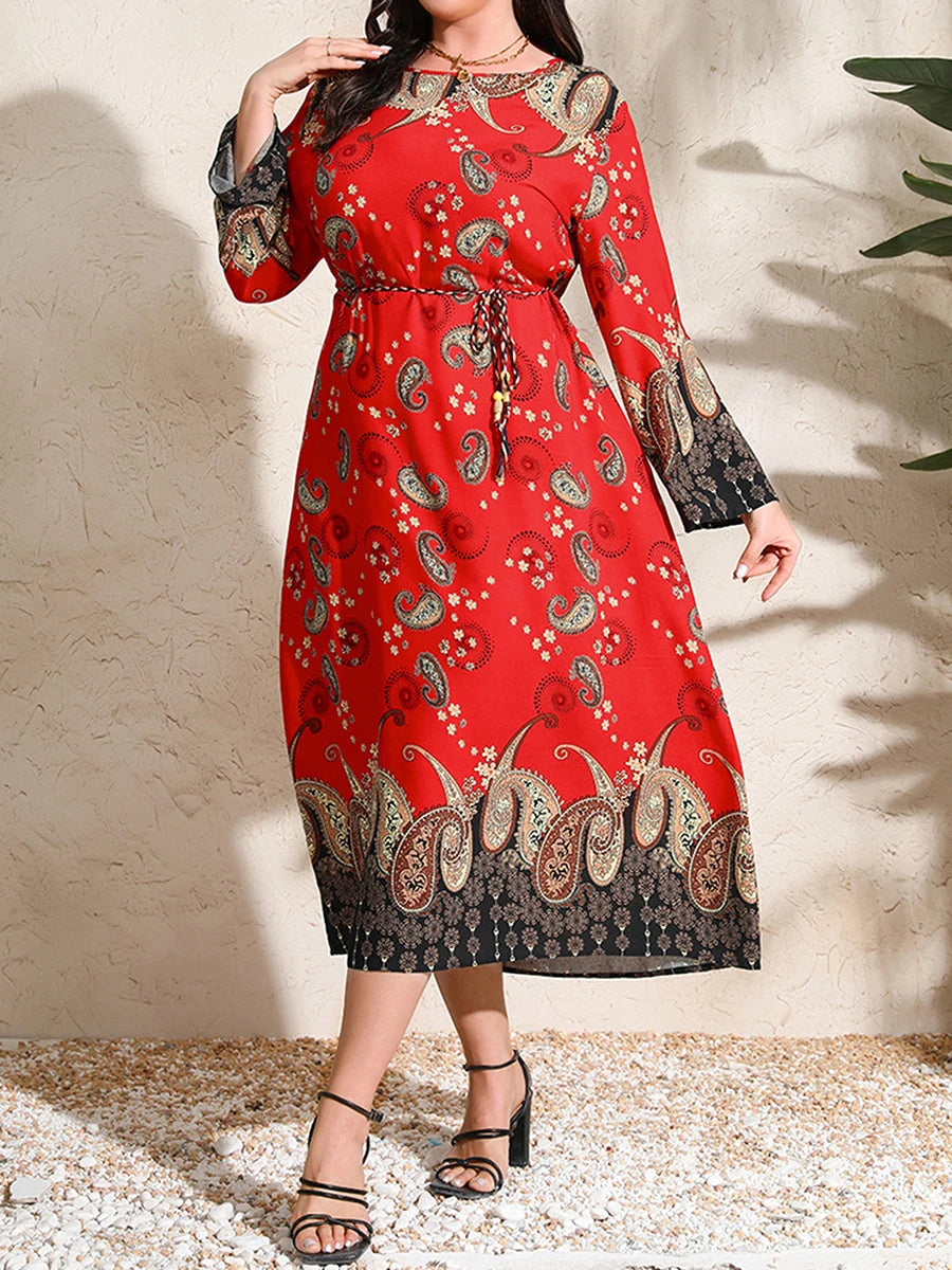 Vintage Floral Print Long Sleeve Maxi Dress O Neck