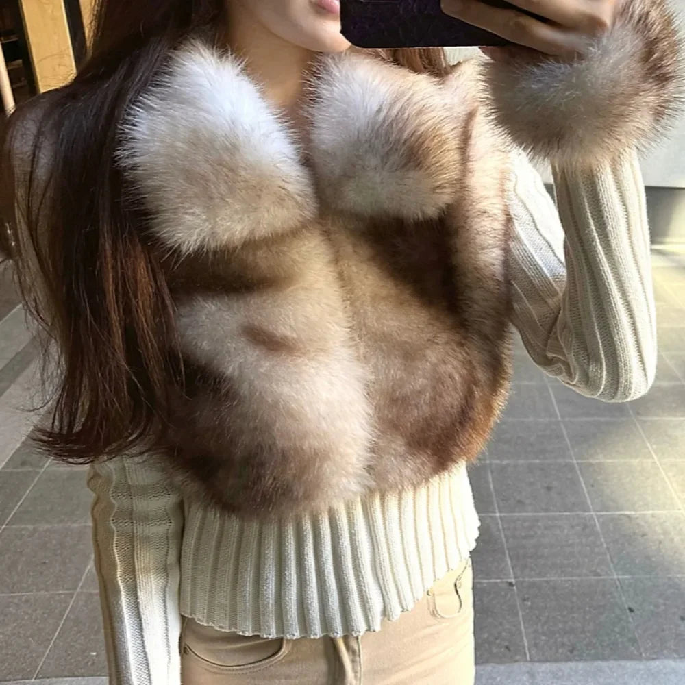 Faux Fur Sweater Crop Cardigan Designer Knitwear Knitted Sweater Women Long Sleeve Cuddly Full Zip Aesthetic Vintage