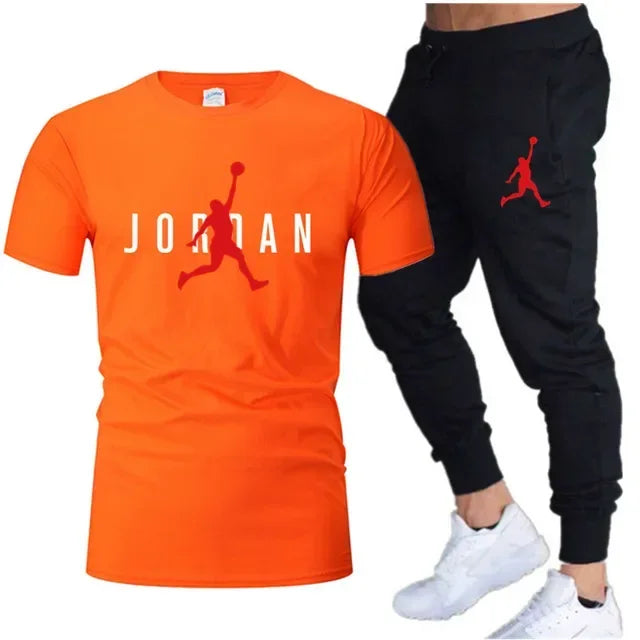 Summer Men's Tracksuit Suit Brand Short Sleeve T-Shirt + Trousers 2-Piece Sets Fitness Jogging Sports Pants Sportswear Suit