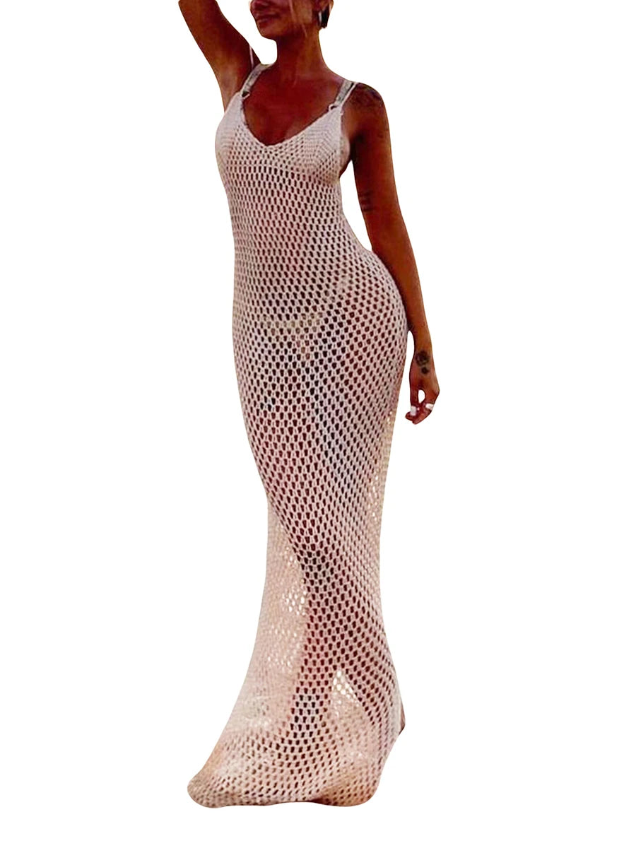 Knitted Beach Cover Ups Crochet Cutout Backless Dress for Bikini Swimsuit