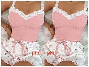 Women 2pc Pajama Set Pink Lace Patchwork V-Neck Sleepwear Sexy Nighties Suit Cami Top Printed Shorts