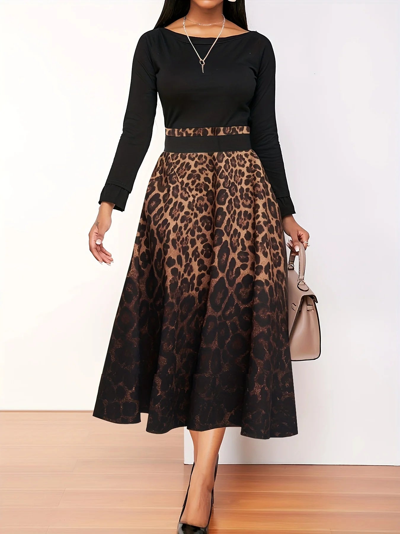 Leopard print Long Sleeve Dress Belted