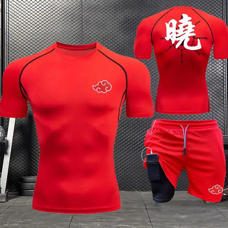 Jogging Breathable Compression Sportswear Summer Men's Training Two-piece Tight T-shirt Fitness Shorts Gym Workout Set S-3xl