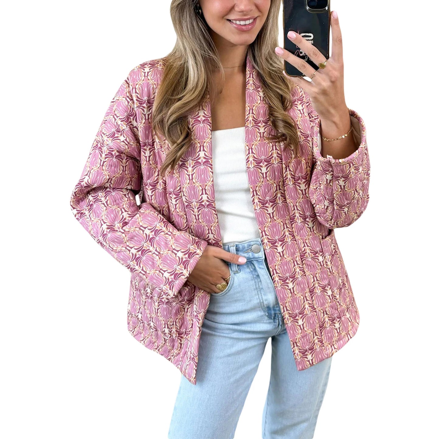 Ladies Retro Floral Print Hooded  Jacket Warm Winter Quilted Coat with Zipper Closure and Pockets