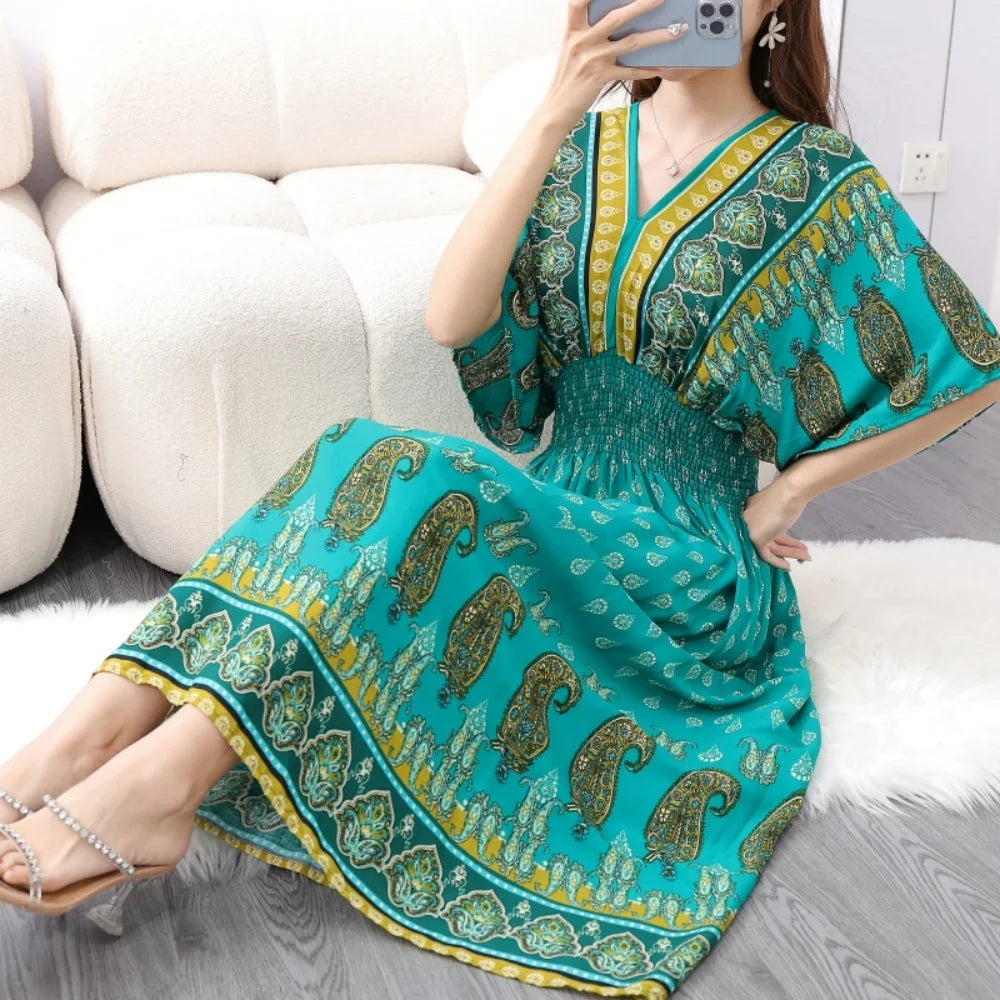 Colorful Flower V-neck Elastic Youthful Bohemian Sweet Midi Dress Woman Clothes Chic Fashion Summer Dresses