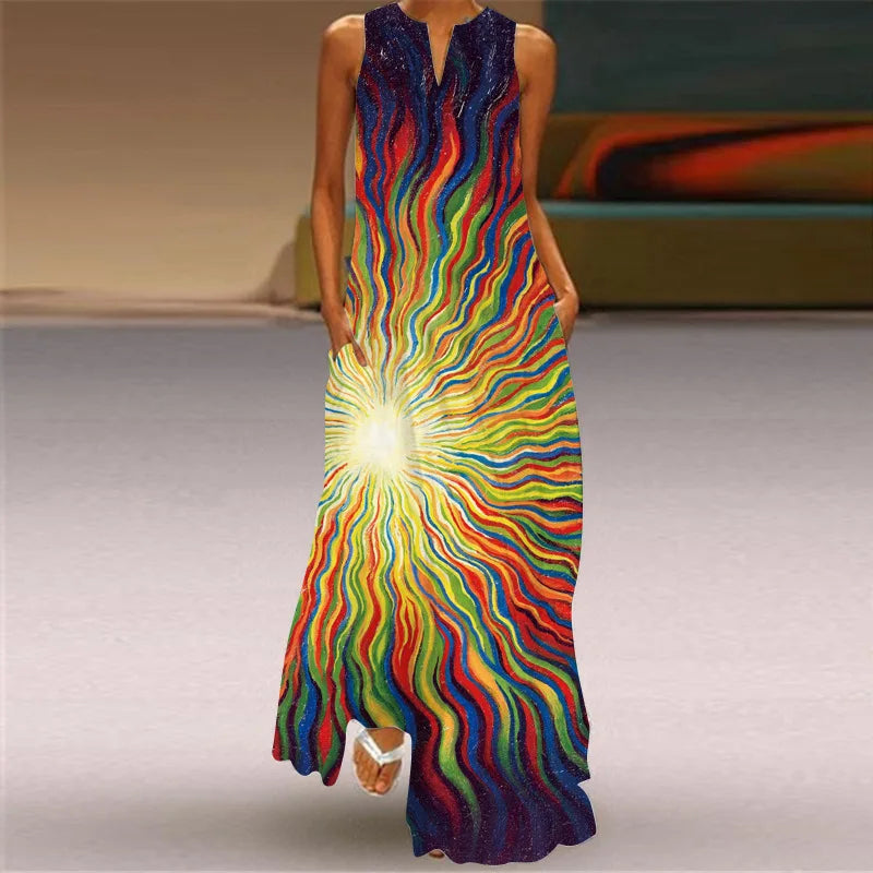 Vintage Print Maxi Dress For Women Summer Loose Sleeveless Long Dresses Elegant Lady V Neck Pocket Boho Beach Sundress Vestidos