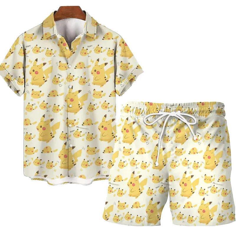 MINISO Pokemon Pikachu Men's Short-sleeved Shirt Beach Shorts Set Men's Summer Street Fashion Men's Casual Hawaii Shirt Suit