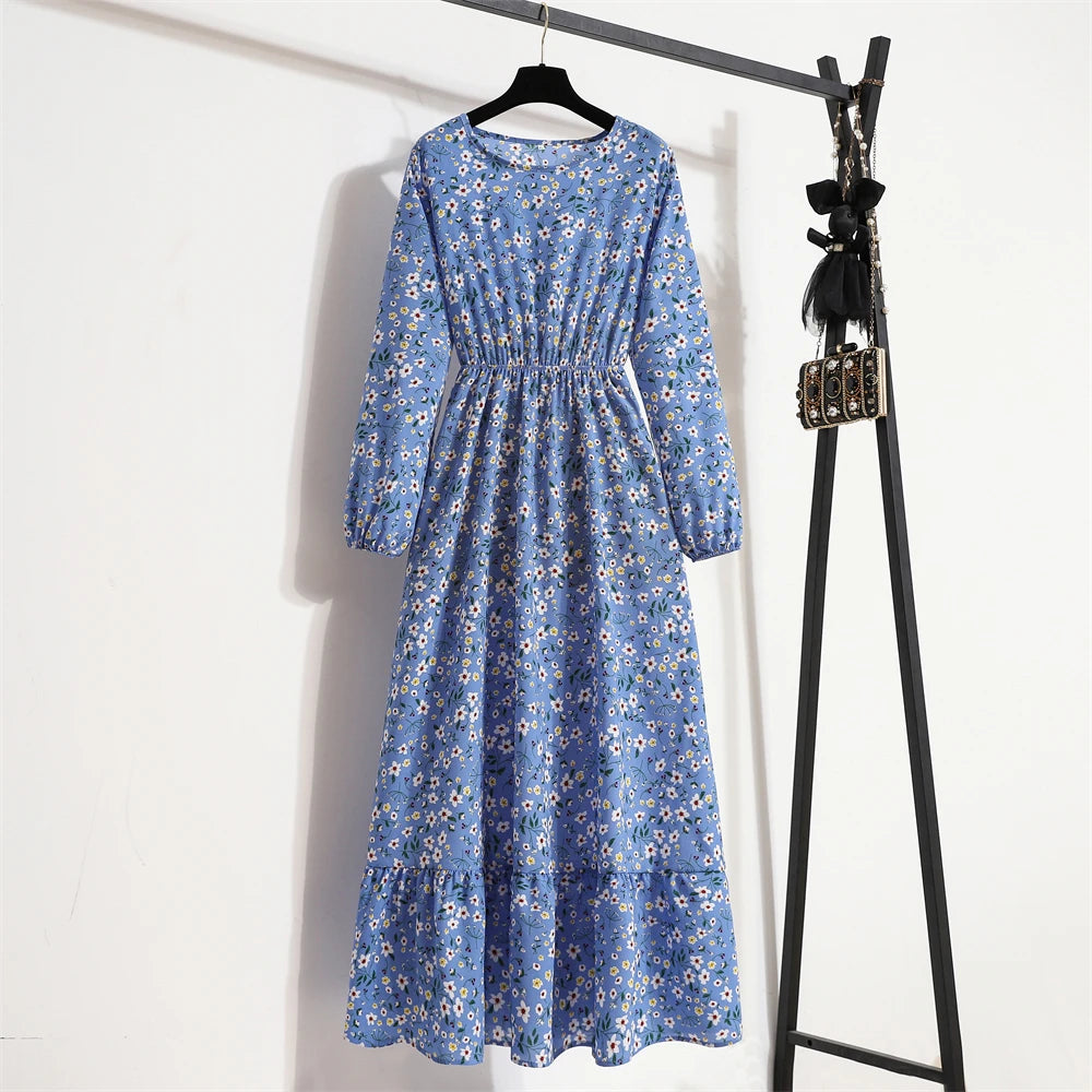 Spring Summer Women Maxi Dresses Casual Full Sleeve Floral Printed O-neck Woman Boho Beach Party Long Dress