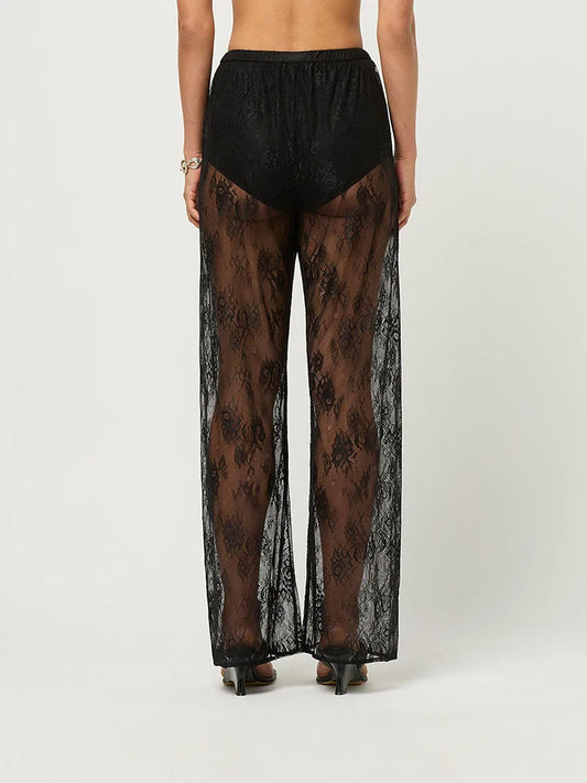 Women s Lace Pants Floral Pattern Sheer High Waist Wide Leg Trousers Elegant Casual Bottoms for Summer Beach Party Wear