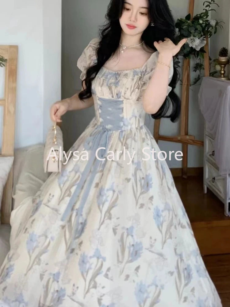 Vintage Floral Midi Dress Ruffles Design Casual  Lace-up