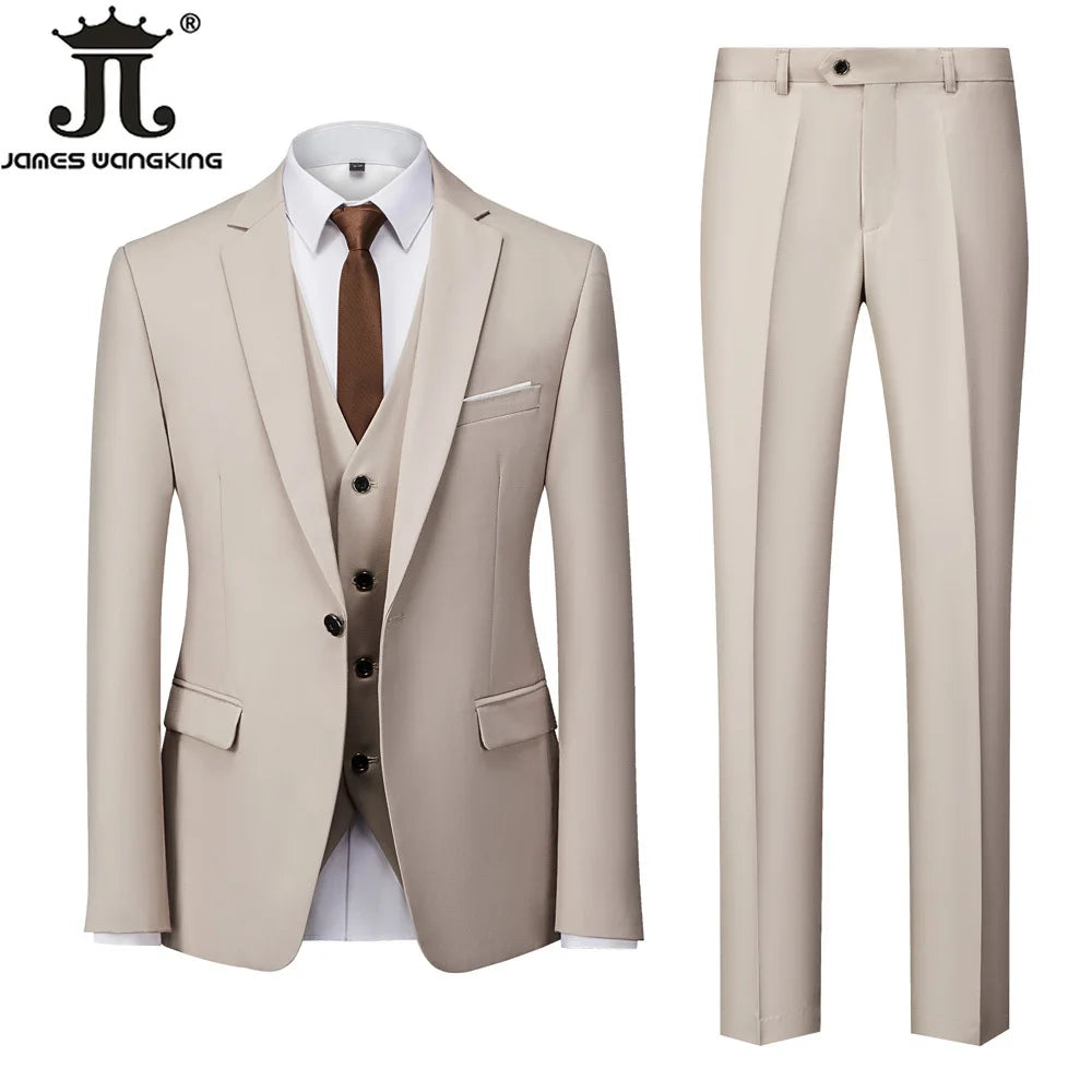 Jacket + Vest + Pants  Boutique Solid Color Men's Official Business Suit Bride's Wedding Dress Party Male Suit