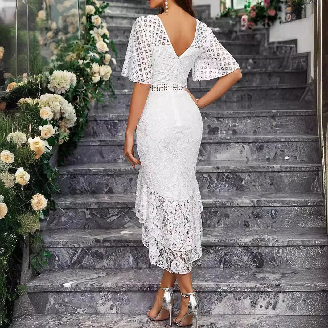 Lace Satin Appliques Backless See Through Tulle Short Sleeve  Dress
