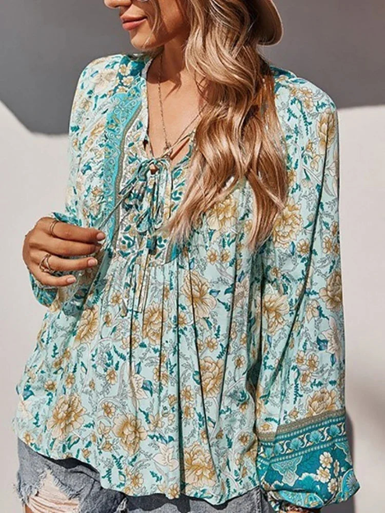 Vintage Lantern Sleeve  Bohemian Print Blouse