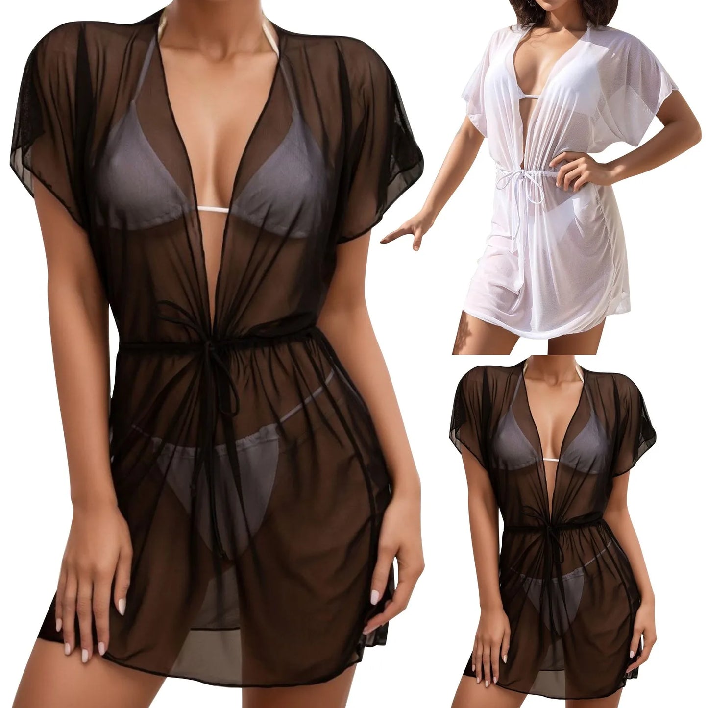 V-neck Mesh Tie Up Women Swimsuit Cover Up Drawstring Beach Tunic Dress