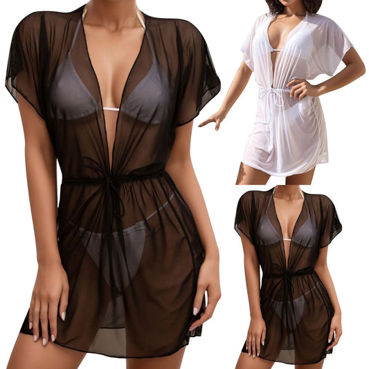 V-neck Mesh Tie Up Women Swimsuit Cover Up Drawstring Beach Tunic Dress
