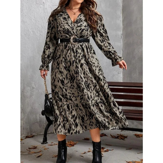 Leopard Print Fashion Lantern Sleeve Surplice Neck Midi Smock Dress
