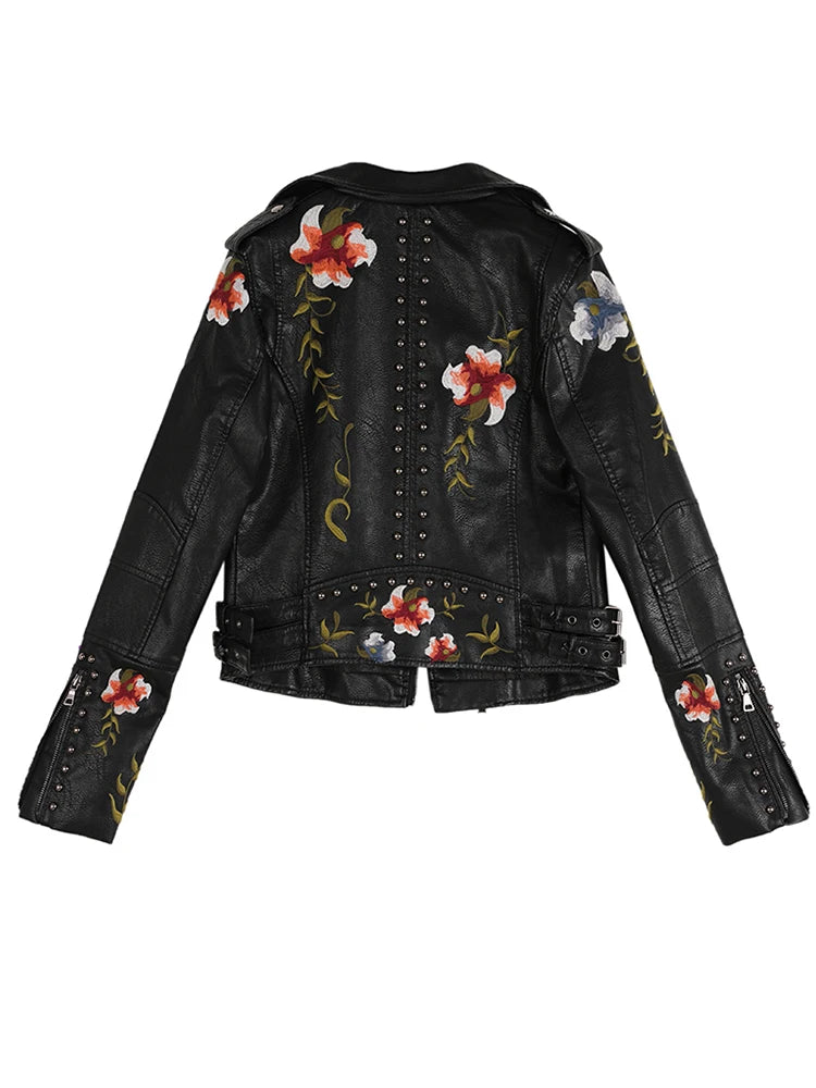 Floral Print Embroidery Faux Soft Leather Jacket Turn-down Collar Casual Pu