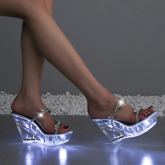 Light Up Glowing Shoes Woman LED Luminous Clear Sandals Summer Petal Platform High Heel Transparent Round Heels Shoes
