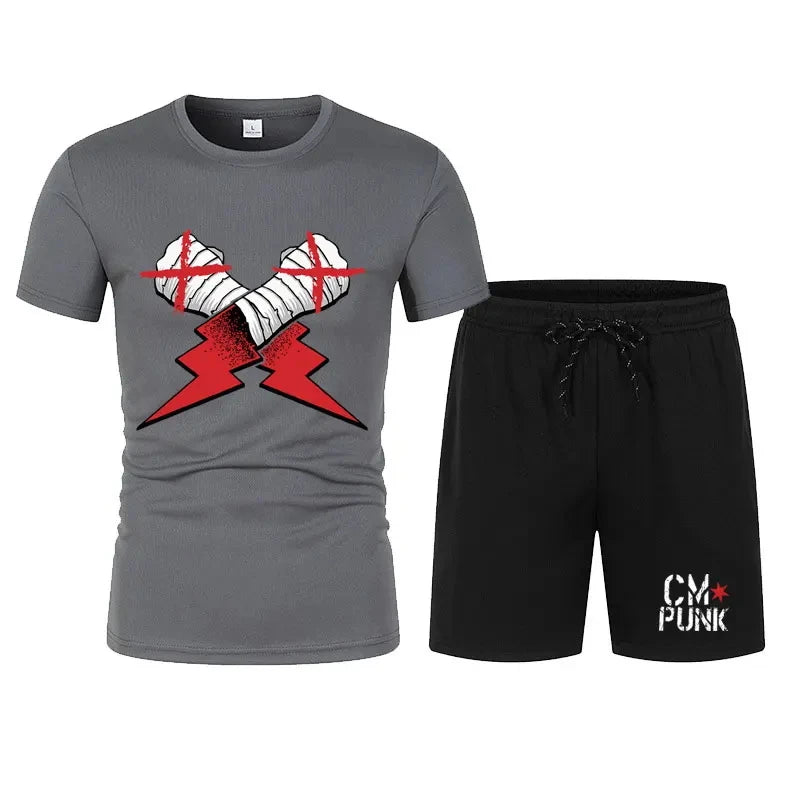 Men's black CM return punk T-shirt shorts suit summer short-sleeved men fashion comfortable loose clothing suit