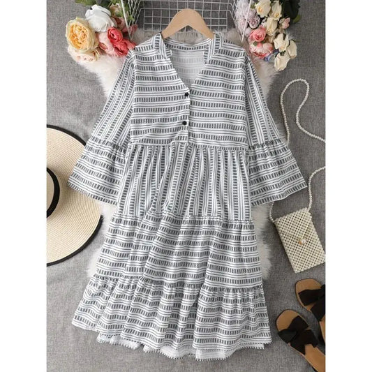 Casual Printed Ruffle Edge Pleated Dress