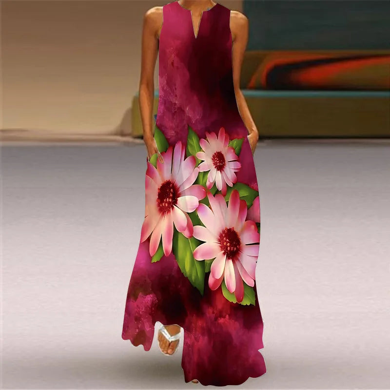 Vintage Print Maxi Dress For Women Summer Loose Sleeveless Long Dresses Elegant Lady V Neck Pocket Boho Beach Sundress Vestidos