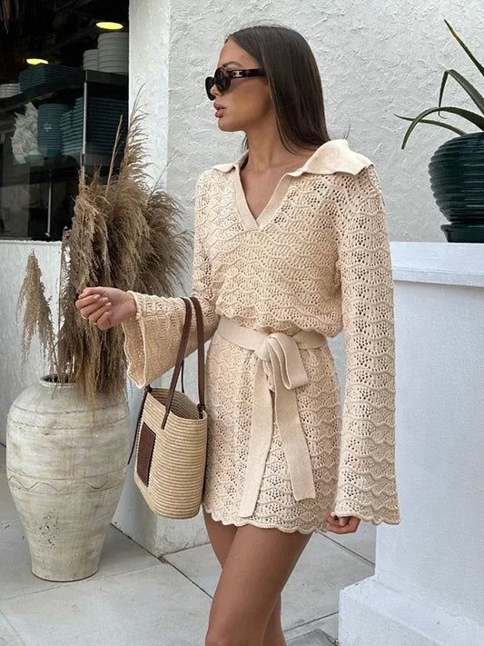 Sexy Shirt Dress V-neck Bell Sleeve Hollow Out Knitted Belted Beach Mini Dress Summer Swimsuit Cover Up Women's Casual Outfit