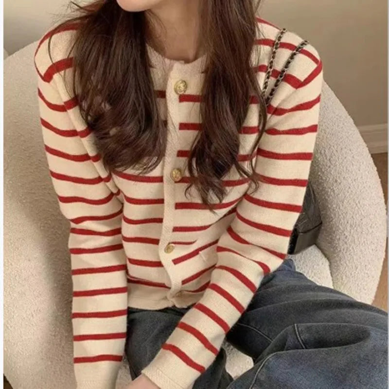 Women's Striped Knitted Cardigans Spring Autumn O-neck Single Breasted Long Sleeve Crop Tops Fashion Casual Chic Female Sweaters