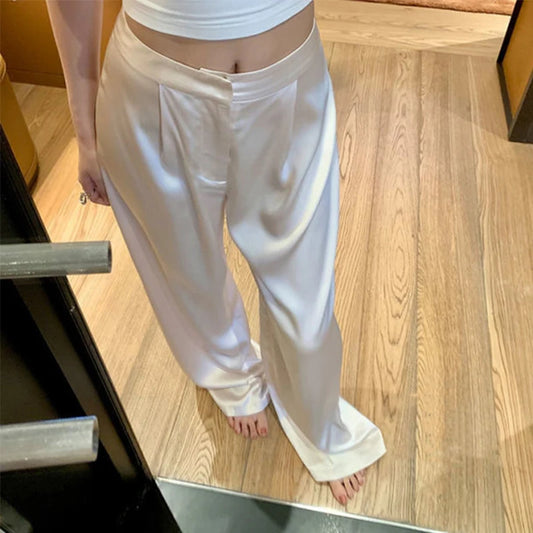 Satin Wide Leg  High Waist   Baggy Straight Trousers