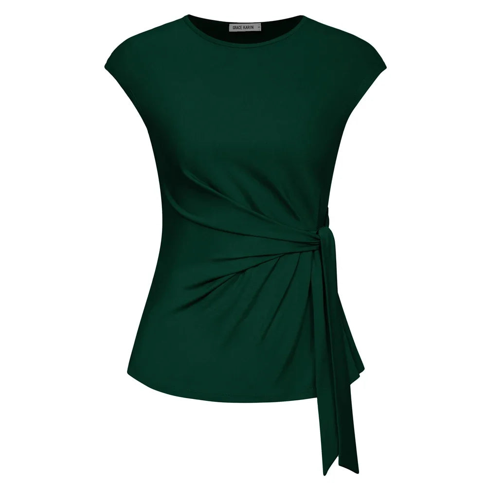 Front Bow Knot  Cap Sleeve Crew Neck Pullover