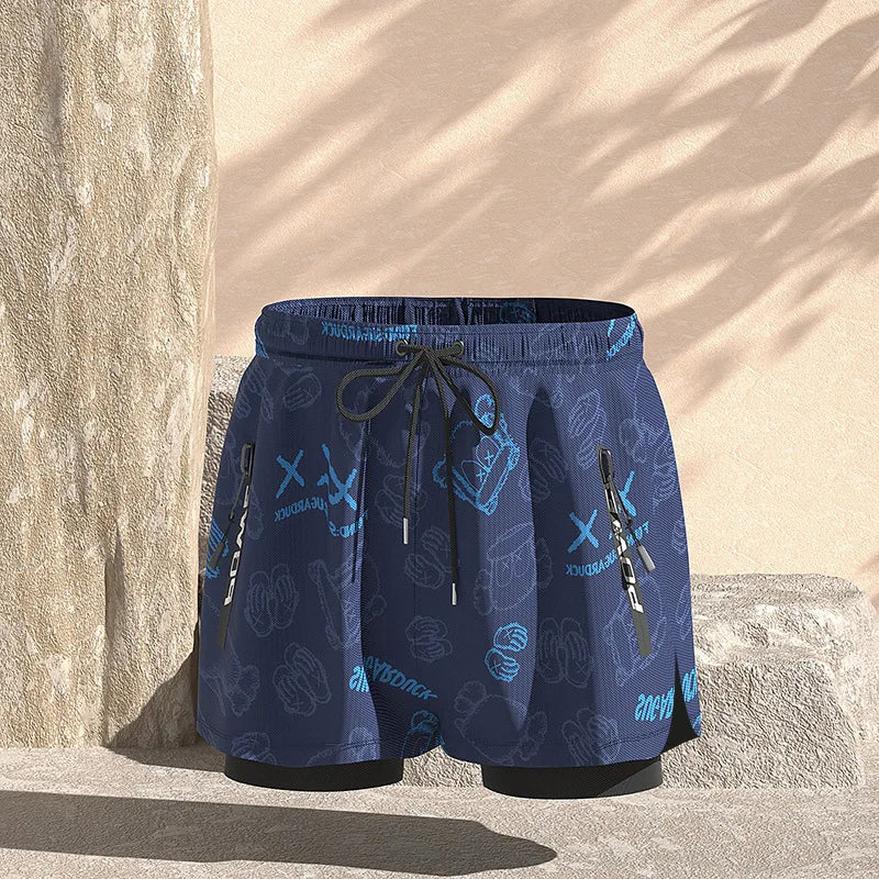 Men Professional Water Sports Competitive Swim Shirts+Trunks Glasses Cap Quick-Drying Beach Surfing Bathing Shorts Goggles Hat