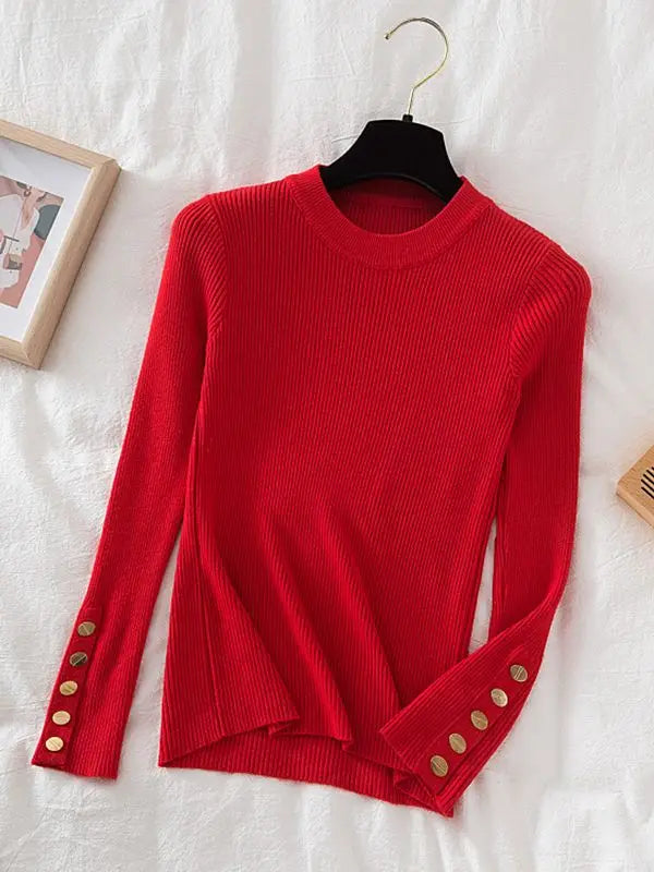 Women's thick sweater pullovers casual button o-neck chic sweater female knit top soft jumper tops