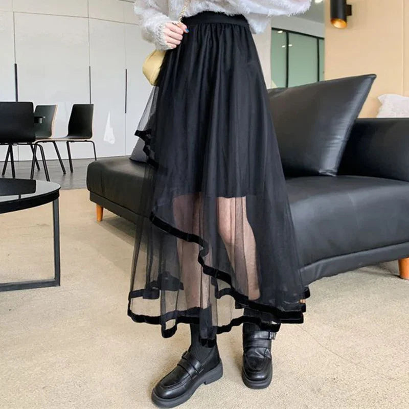 Mesh  A Line Midi Skirt Gothic