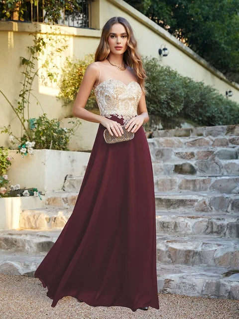 Elegant Gold Appliques Long Dress Women Illusion Neck A Line Chiffon Prom Evening Party Gowns Maxi Gala Dress