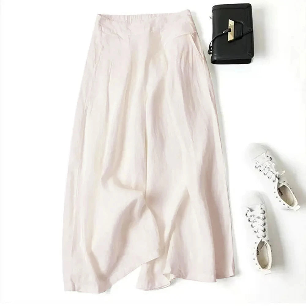 Summer Pants for Women Cotton Linen Large Size Wide Leg Pants Femme Arts Style Elastic Waist Solid Casual Loose